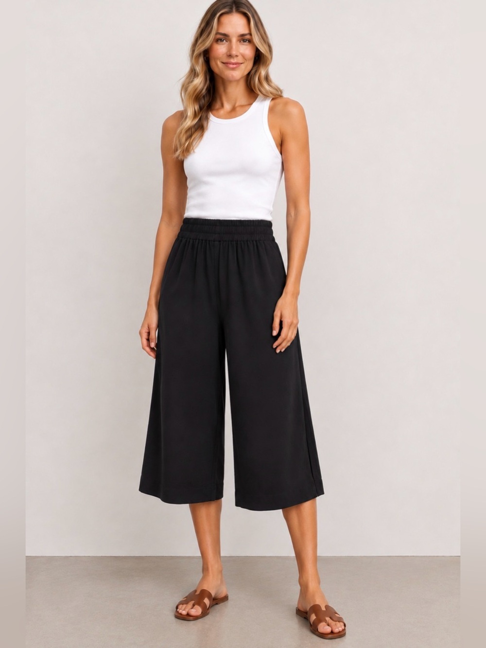 COS Black Wide Leg Cropped Culotte Pants High Rise Elastic Waist Size S Neutral